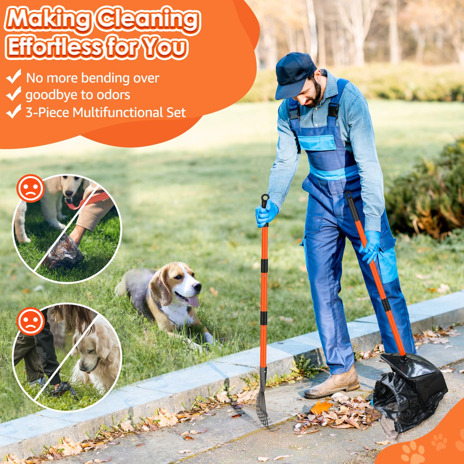 Slowton Dog Pooper Scooper - 37.4'' Long Handle Adjustable Metal Swivel Bin & Rake & Spade Kit With 20 Waste Bags, Portable Poop